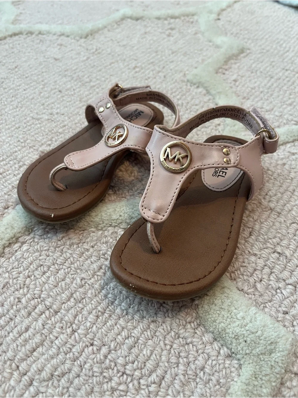 Michael Kors Toddler Blush Pink T-Strap Sandals with Gold MK Emblem